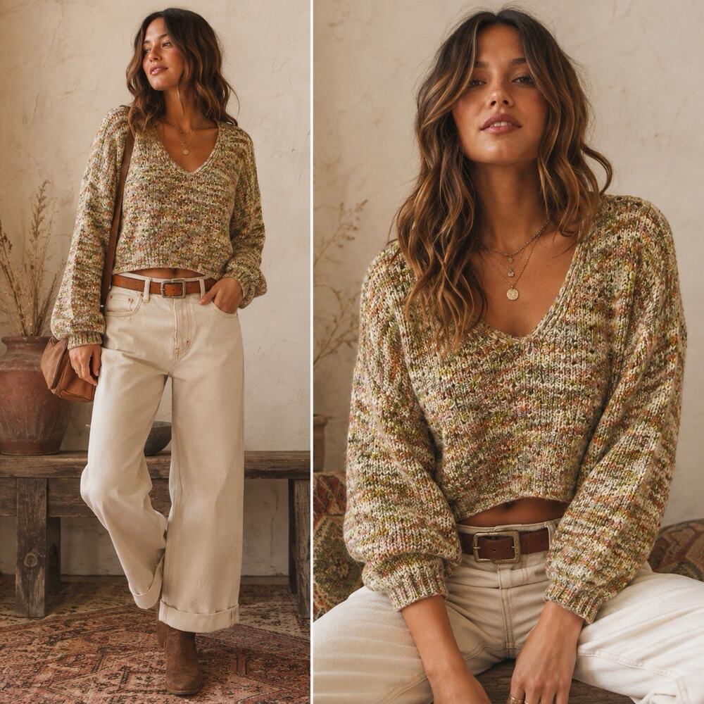 Free People Highland Knit Sweater Multicolor Oversize Boho Earthy Cropped XS